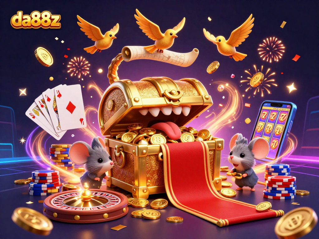 Spin the reels at da88z with golden treasures, animated characters, and vibrant casino elements for exciting gameplay.