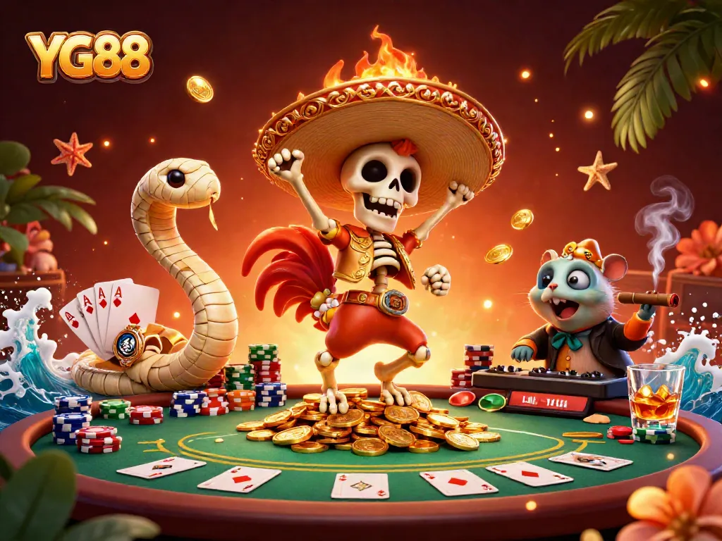 Experience the thrilling excitement at YG88 with a festive scene featuring animated characters celebrating casino wins.
