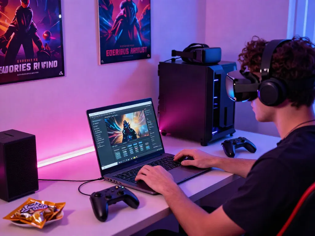 User exploring the DA88 gaming platform on a laptop in a vibrant and energizing gaming setup.