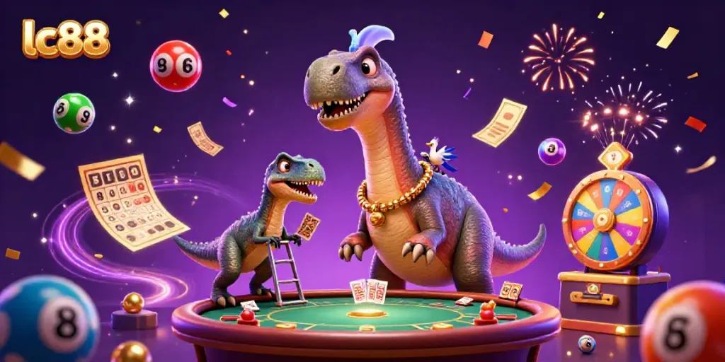 Engage in thrilling activities at lc88 casino featuring colorful lottery balls and a playful dinosaur.