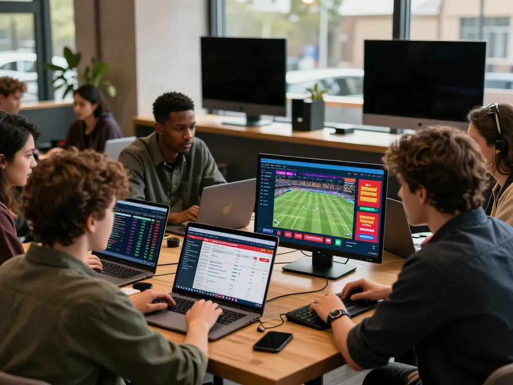 Enthusiastic group discussing sports betting options at https://zbet.cymru/ with digital interfaces and live event screens.