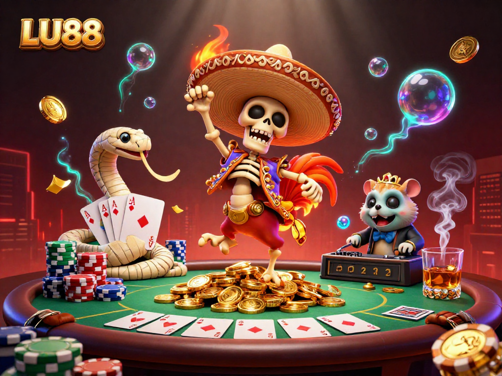 LU88 highlights a lively casino scene with a winning mariachi rooster and vibrant gambling elements.