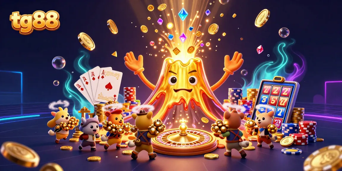 Play slots and win big at tg88 with a vibrant 3D illustration of a treasure-filled casino scene.