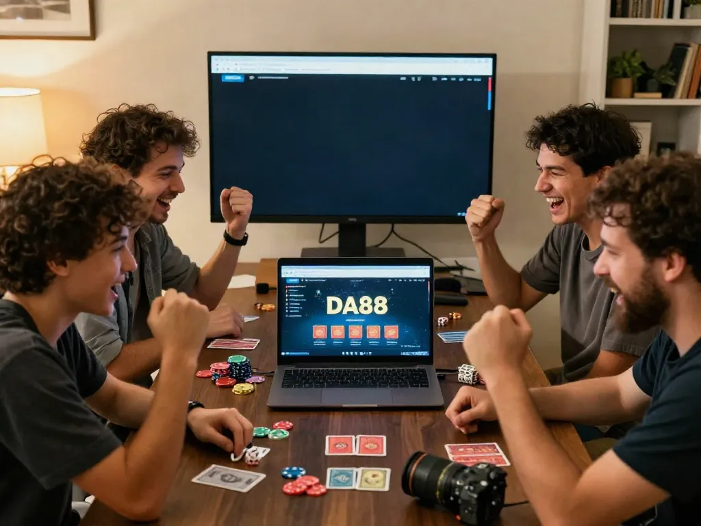 Group celebrating a win at DA88 online gambling site, showcasing excitement and community.