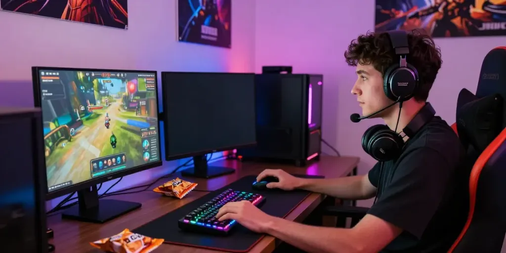 Gamer engaged in intense gameplay on F168 platform with vibrant setup.