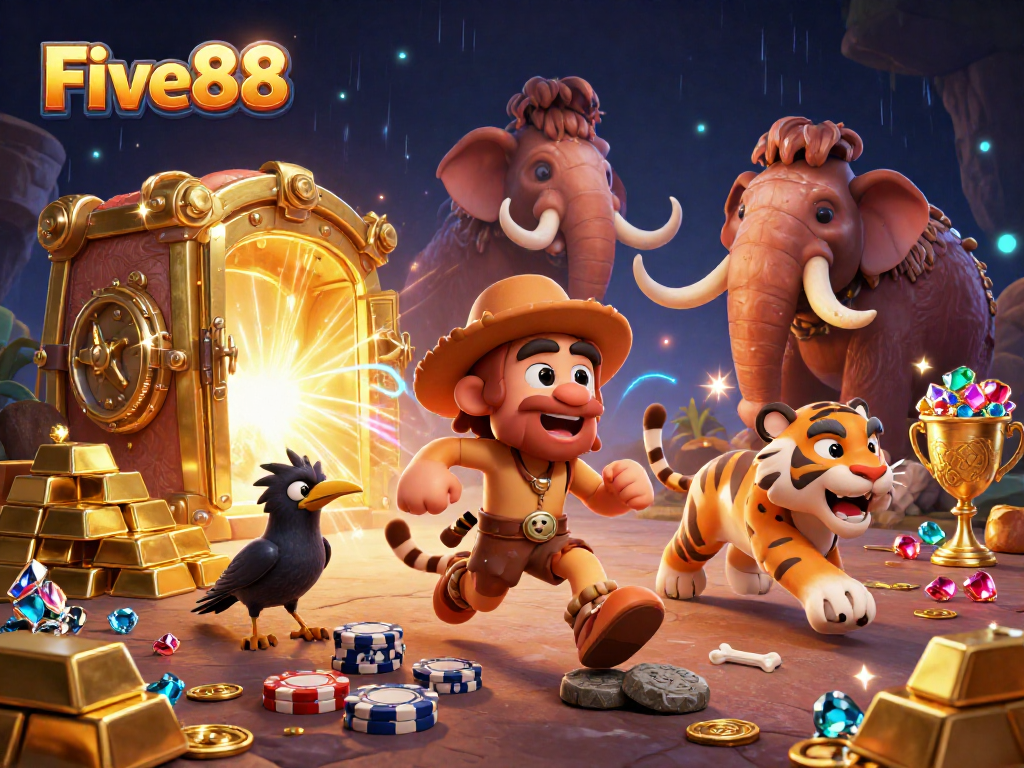 Experience Five88's prehistoric casino with cavemen, gold treasures, and neon effects.