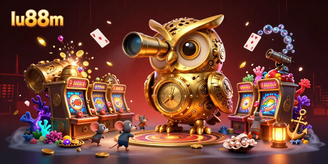 lu88m casino illustration with a golden owl and vibrant game elements, showcasing dynamic gambling action