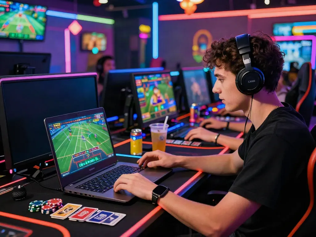 Nbet online gaming scene showcasing a user engaged with casino games and vibrant atmosphere.