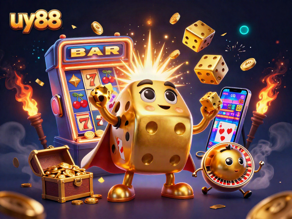 Engage with uy88's thrilling casino atmosphere and vibrant gaming action in this colorful 3D scene.