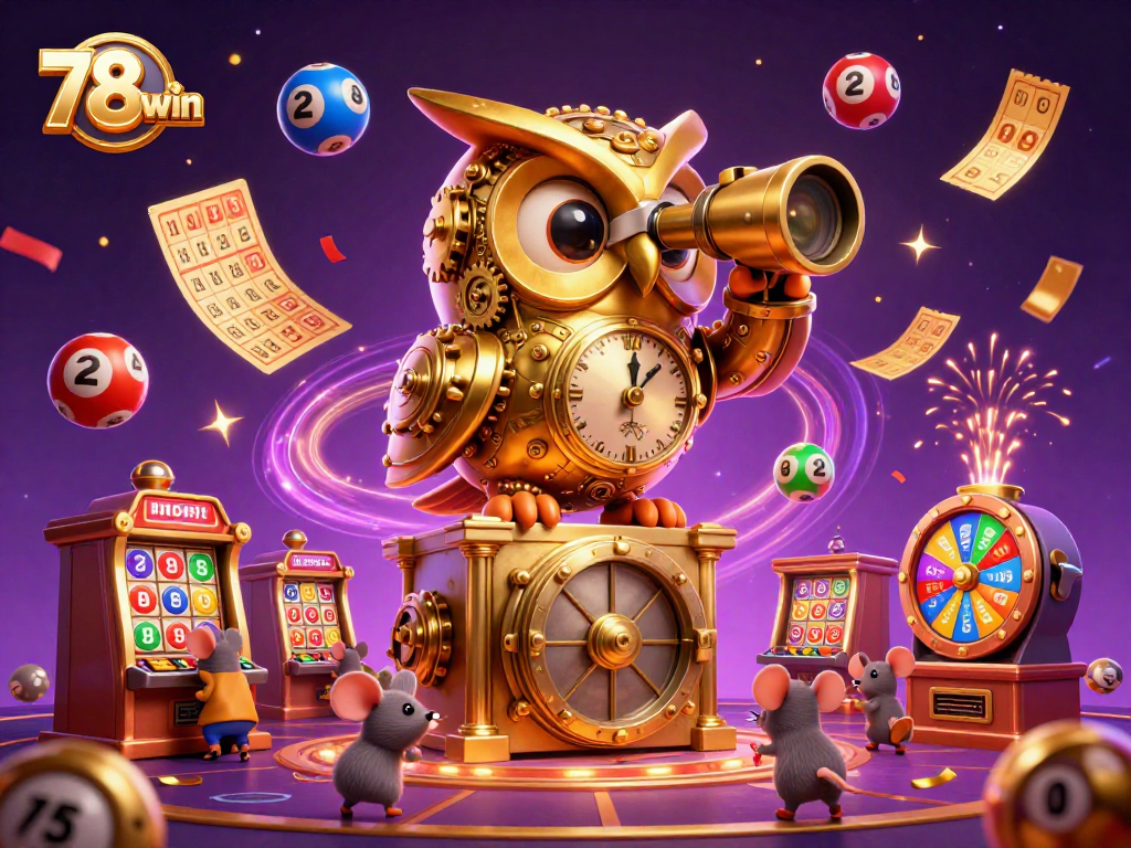 Engage with 78win's vibrant casino atmosphere featuring a golden owl and whimsical lottery elements.