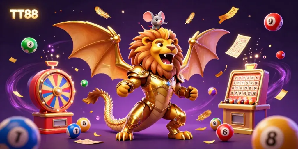 TT88 showcases an exciting casino scene with a roaring chimera and magic lottery elements.