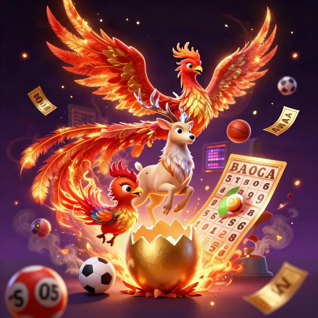 Phoenix, hatchling and crystal-antlered stag amid lottery balls, prize wheel and casino lights.