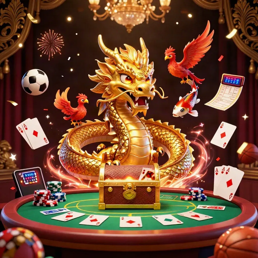 Golden dragon, phoenix, koi, casino chips, cards, balls, fireworks on a dark luxe damask backdrop.