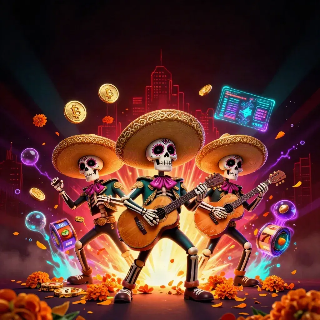 Day-of-the-Dead skeleton mariachi trio amid neon coins, reels, and gold treasure in a dark luxe casino glow