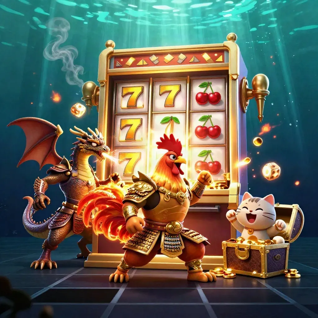 Rooster warrior, dragon hatchling, and fortune cat amid slot machine explosions and gold on dark teal.