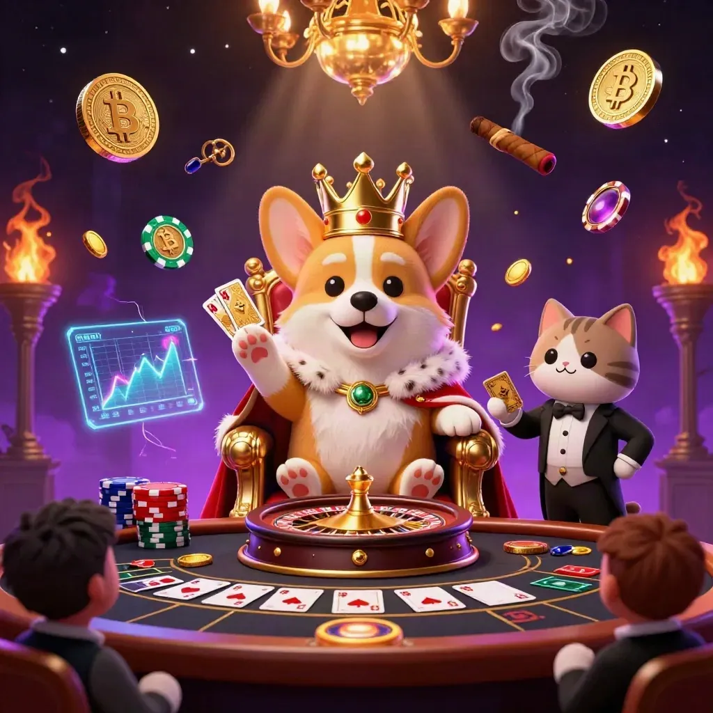 Royal corgi and cat butler in a luxe casino scene with coins, cards, and glowing crypto effects.