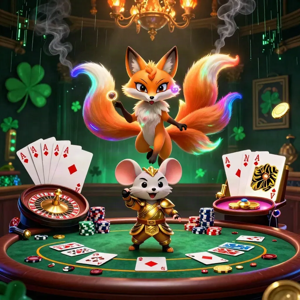 Neon fox spirit and armored mouse in a luxe casino scene with chips, cards, roulette, and glowing brass.