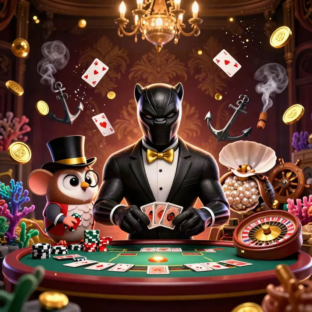 Panther dealer, owl with chips, and mouse in a gold-lit casino cove under chandelier glow.