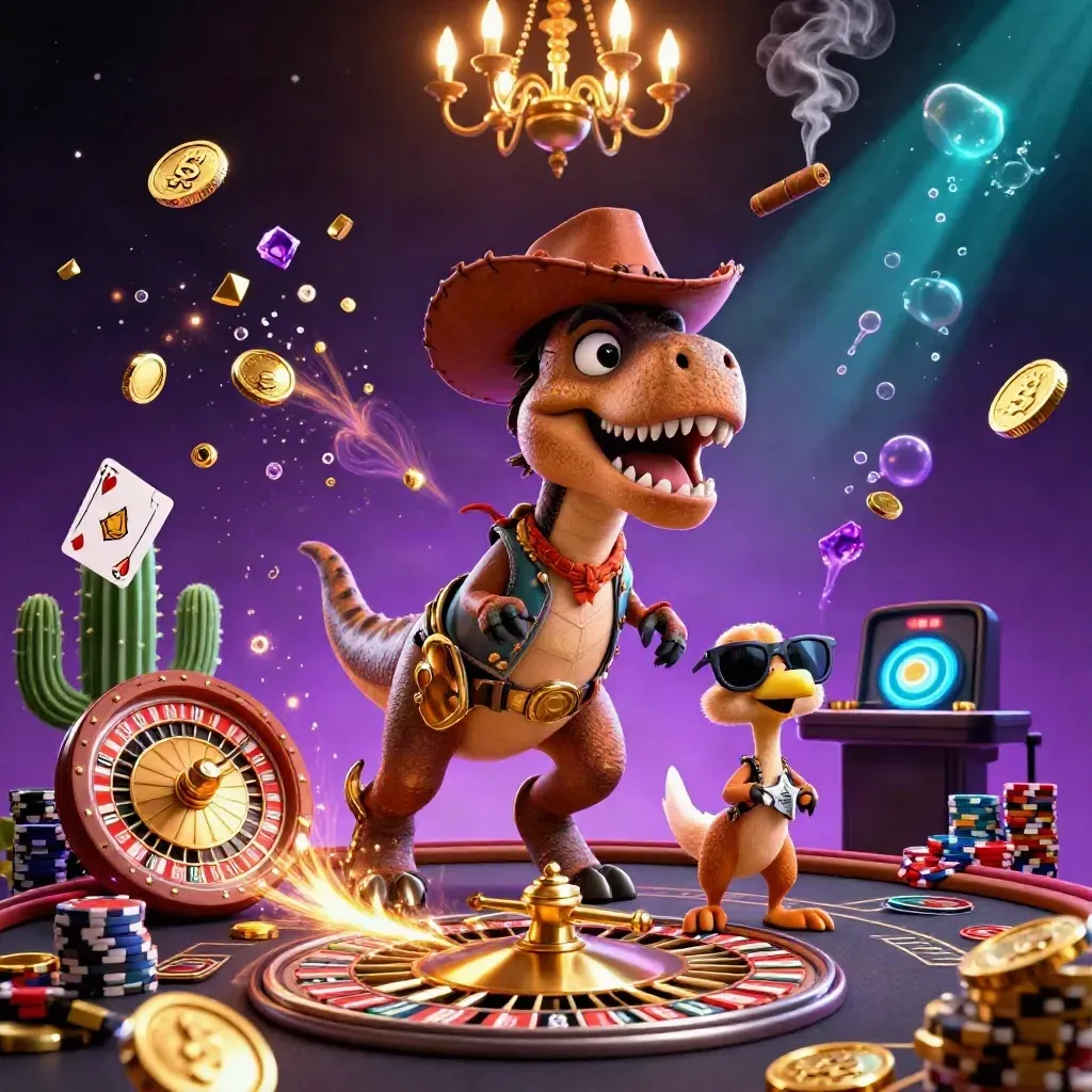Cowboy T-Rex, cactus, and roadrunner amid coins, cards, chips, and a glowing roulette wheel.