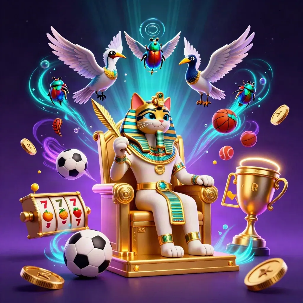 Pharaoh cat, ibis scribe and gem-wing scarabs amid sports balls, coins and neon casino glow