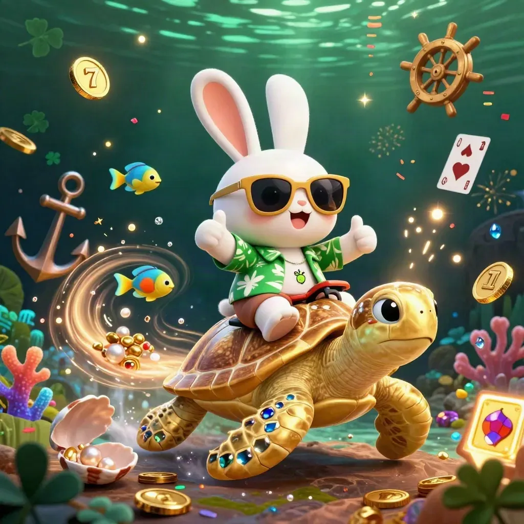 Lucky rabbit rides a jeweled sea turtle through a gold-filled underwater casino cove.