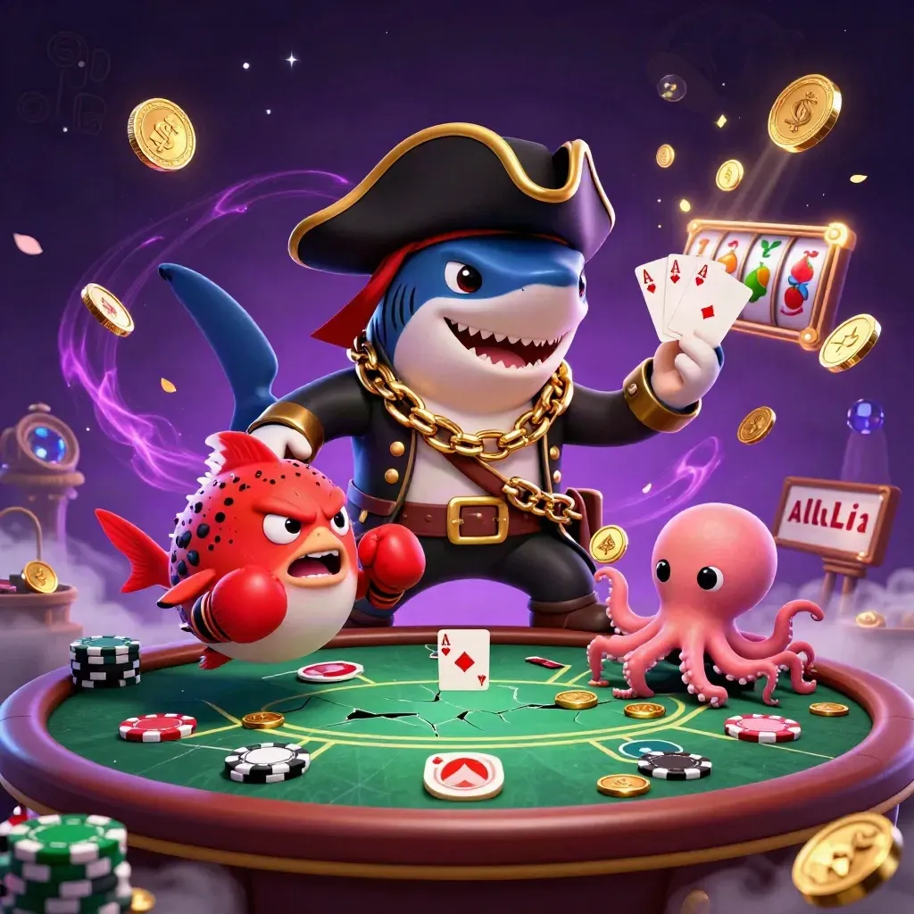 Pirate shark, boxing pufferfish, and coin-juggling octopus in a luxe casino splash scene.