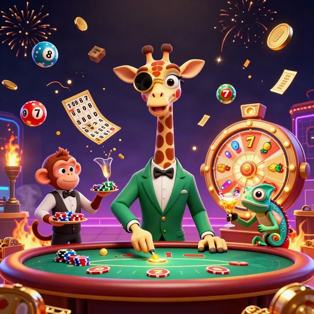 Luxury cartoon giraffe, monkey valet, and chameleon bartender amid gold coins, reels, and fireworks.