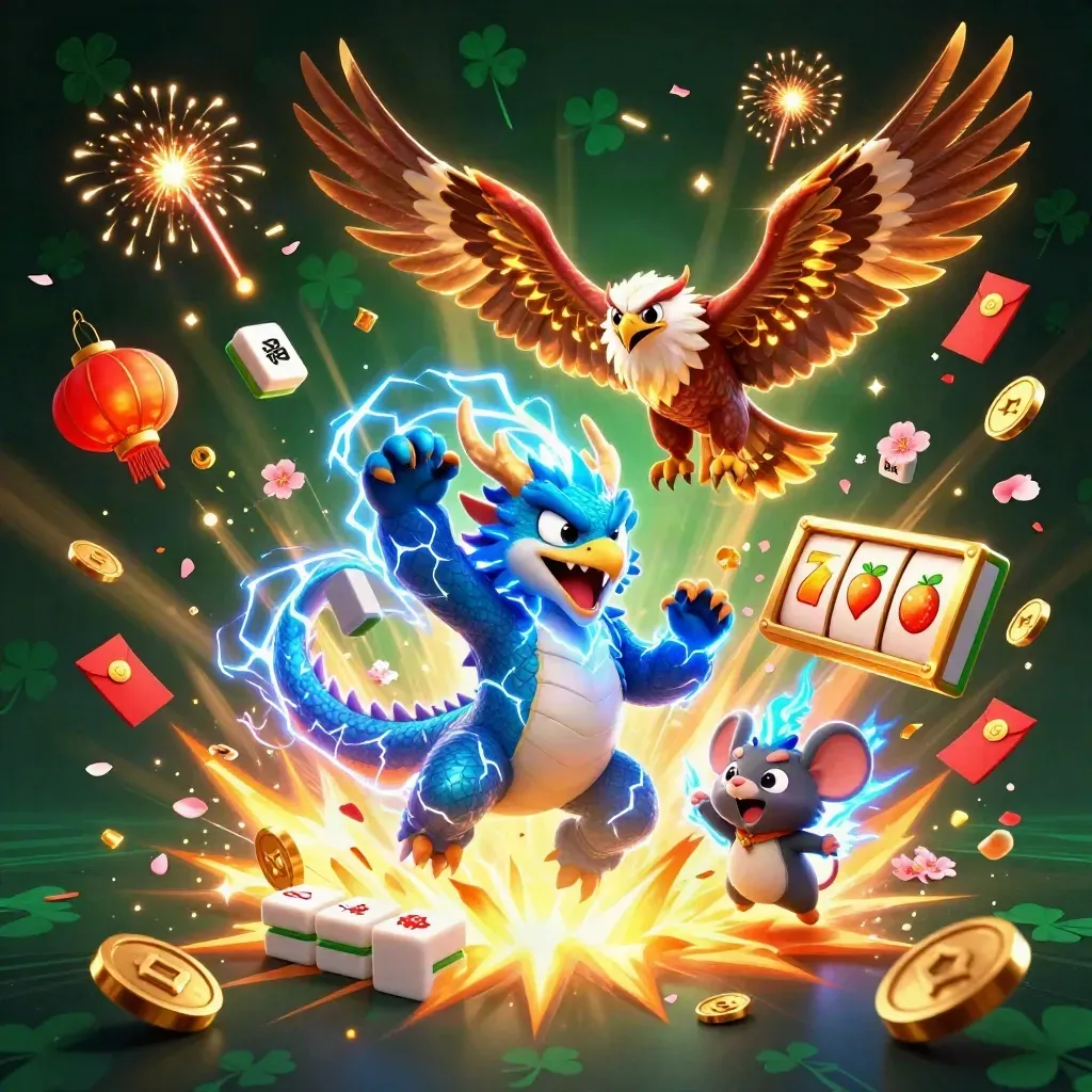 Thunder dragon, wind hawk and static mouse amid exploding coins, lanterns and fireworks
