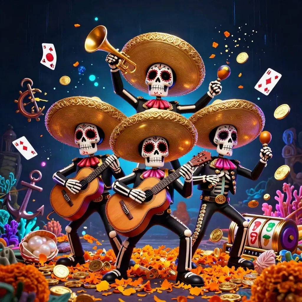 Three mariachi skeletons amid gold coins, coral, cards, and neon casino effects.
