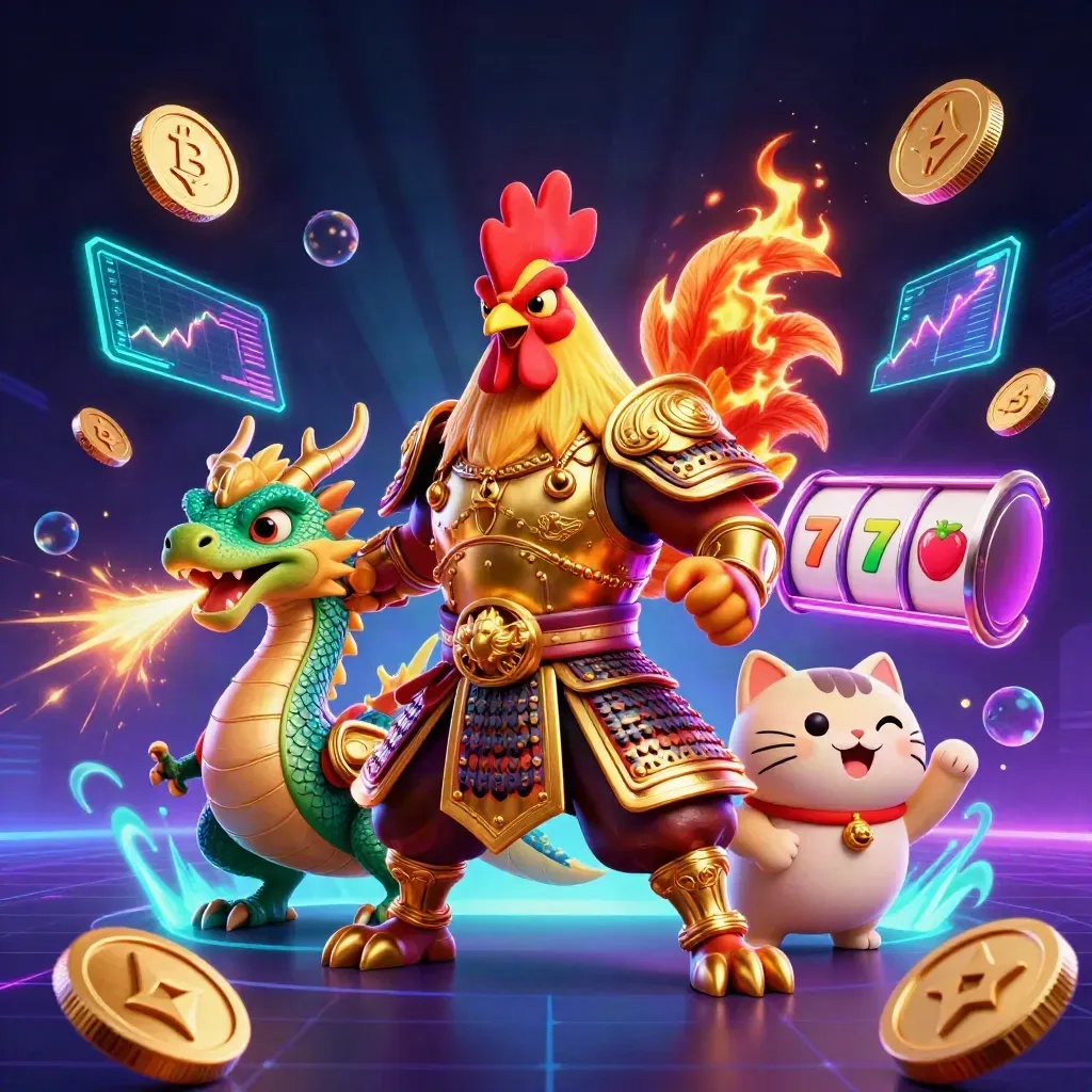 Samurai rooster, dragon hatchling, and fortune-cat amid casino coins and neon effects.