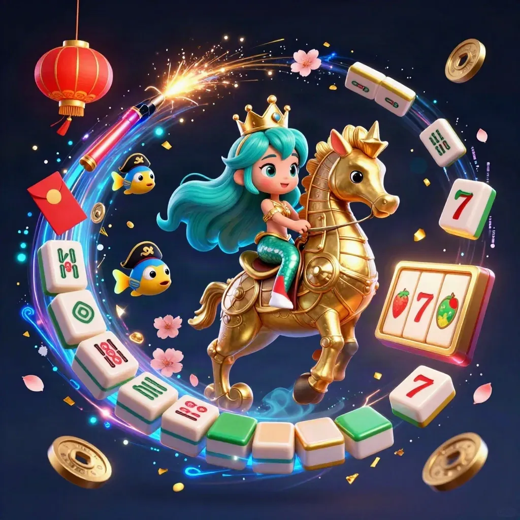 Mermaid princess rides a golden seahorse amid casino treasures and neon effects.