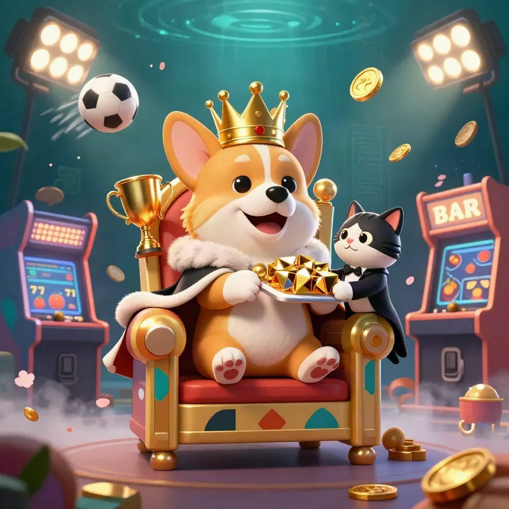 Royal corgi and cat butler amid casino coins, slot reels, sports balls, and gold glow.