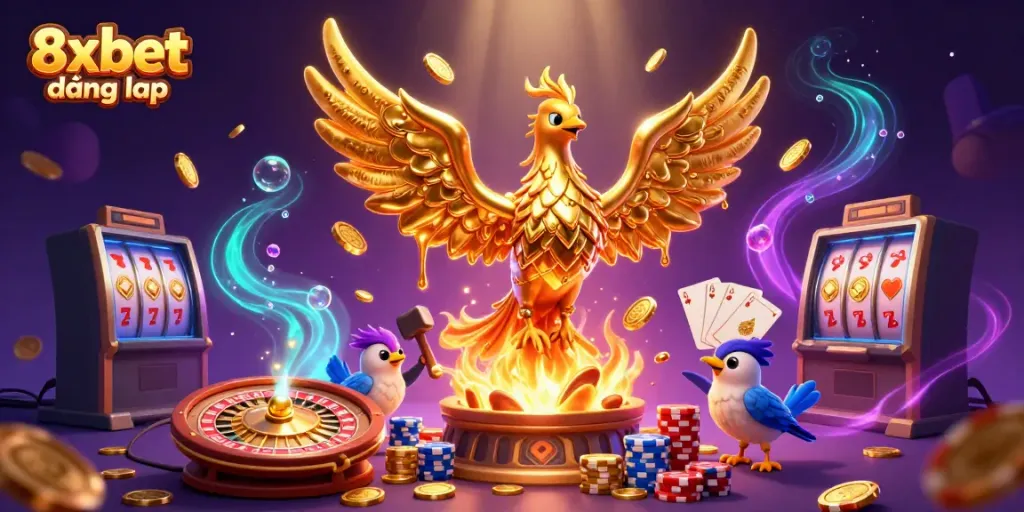 Engage with 8xbet đăng nhập in this dynamic illustration featuring a molten phoenix and casino elements.