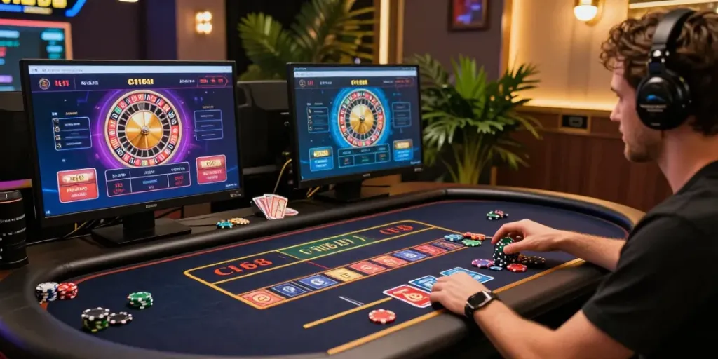 Player enjoying roulette on C168 online gaming platform in a vibrant game room.