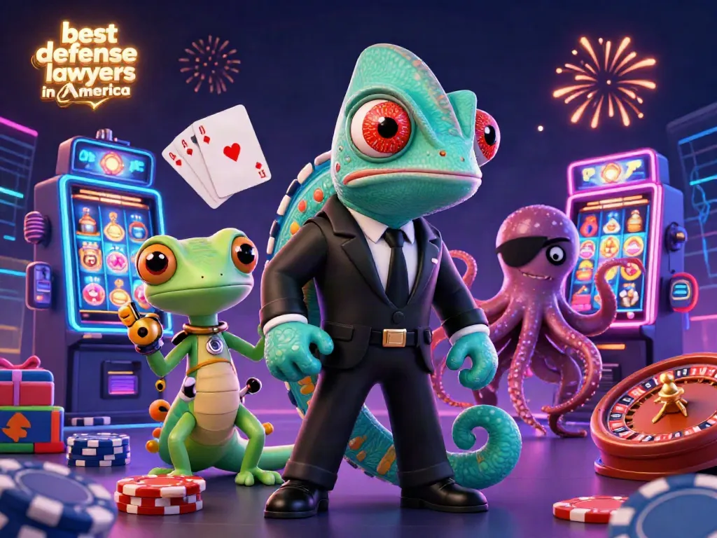 Engage with the best defense lawyers in America in a vivid casino scene featuring a secret agent chameleon and colorful gaming elements.