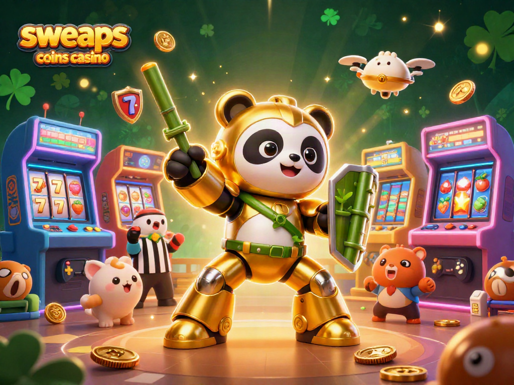 Engage with the sweeps coins casino dynamic scene featuring a golden panda and gaming elements.