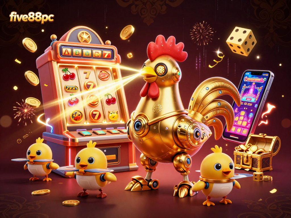 Engage in gameplay at five88pc, featuring a vibrant 3D casino scene with exciting slots and characters.