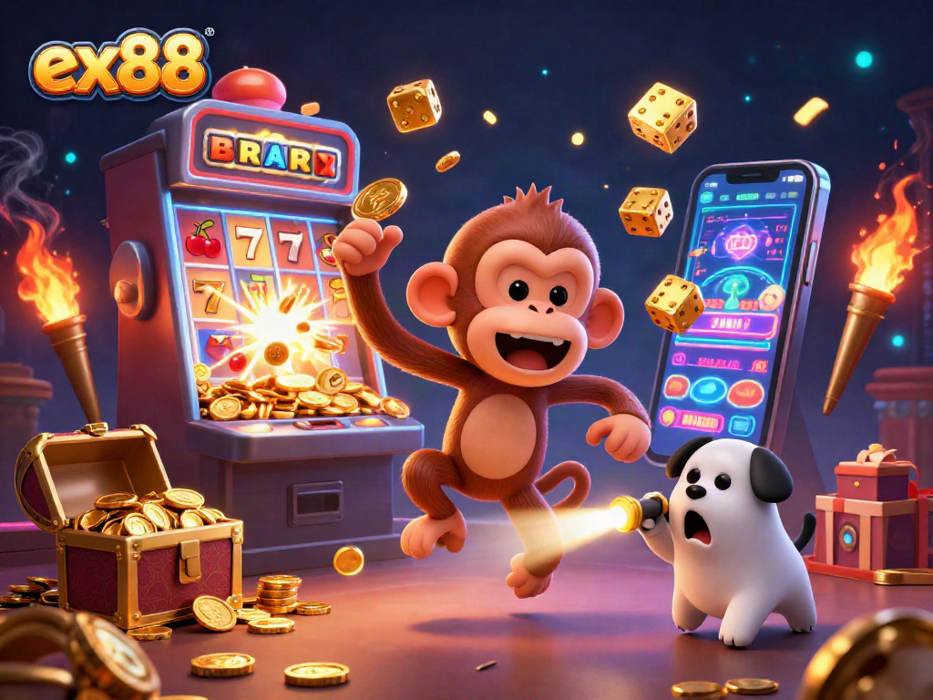 Experience ex88 at a vibrant casino while a playful monkey juggles coins in this captivating scene.