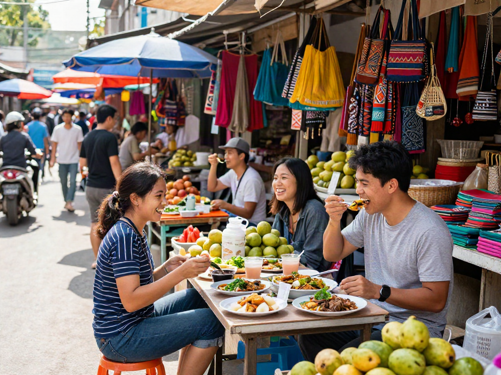 Travelers tasting local street food at https://joeyvisavietnam.com/ vibrant market in Vietnam.