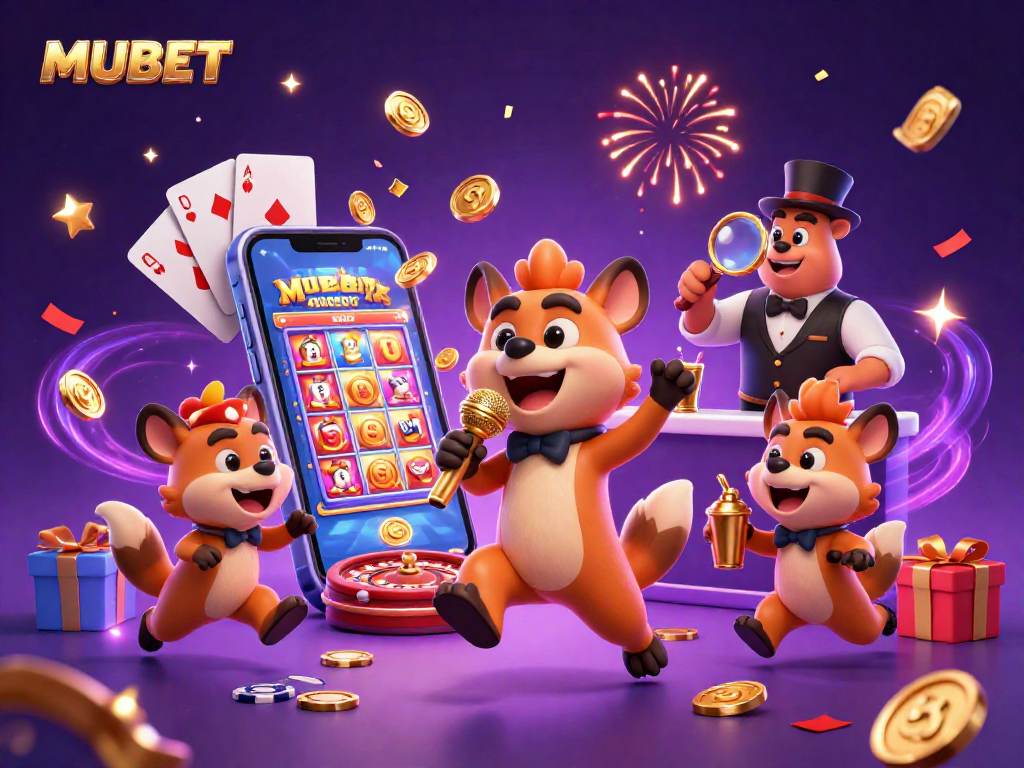 MUBET hyenas comically engage in a casino scene with slots and festive elements.