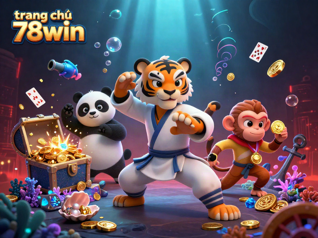 Engage with lively gameplay at trang chủ 78win, featuring a kung fu tiger and friends amidst vibrant gaming elements.