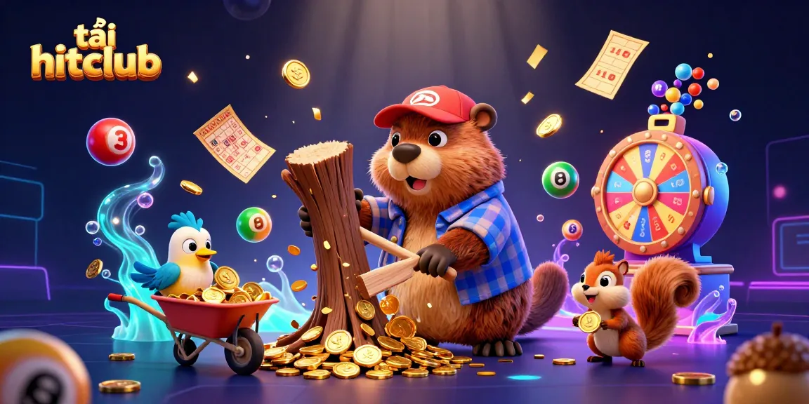 Tải hitclub offers an exciting scene with characters collecting gold coins amidst a vibrant lottery setting.