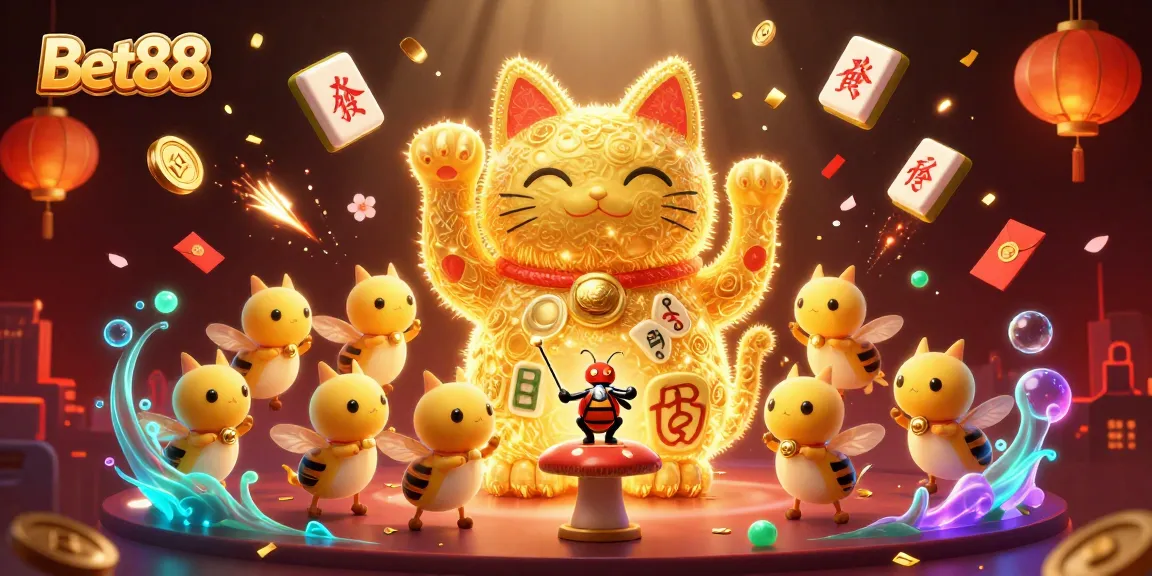 Bet88 offers immersive casino experiences with a vibrant lucky cat figure surrounded by colorful symbols.