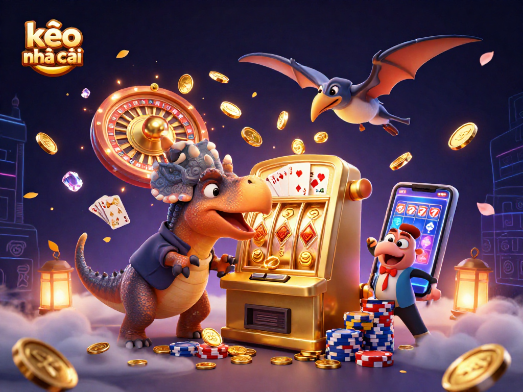 kèo nhà cái scene with cartoon dinosaurs winning coins at a slot machine in a vibrant casino