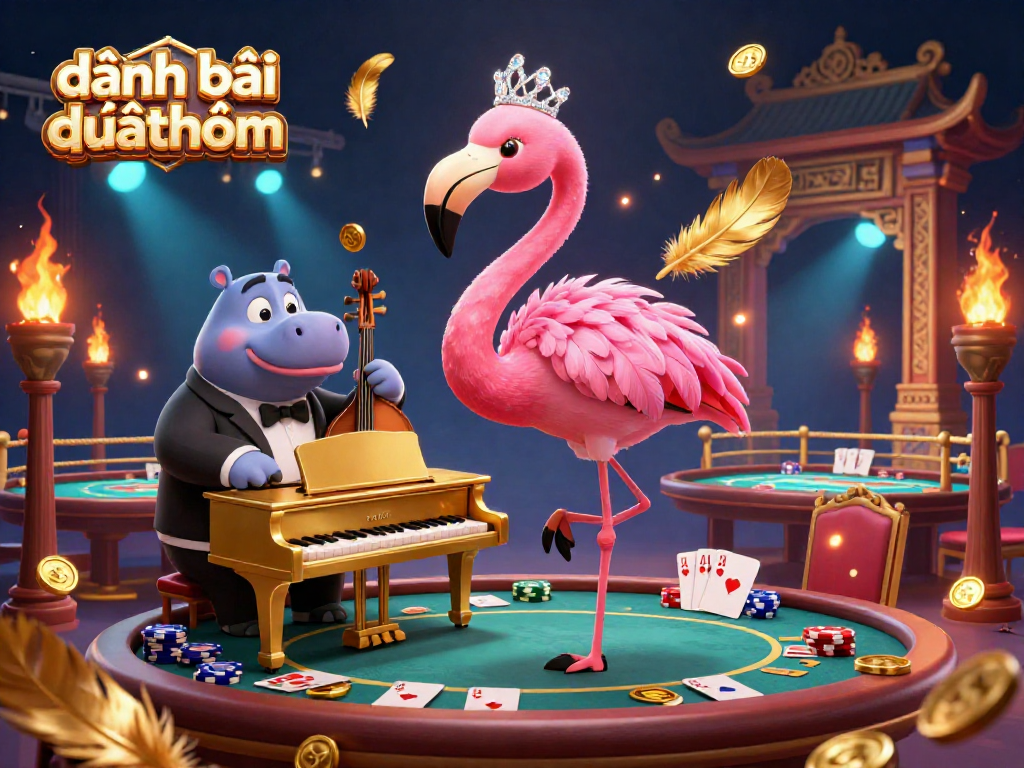 Engage in đánh bài đổi thưởng with a vibrant casino scene illustrating poker action, featuring colorful characters.