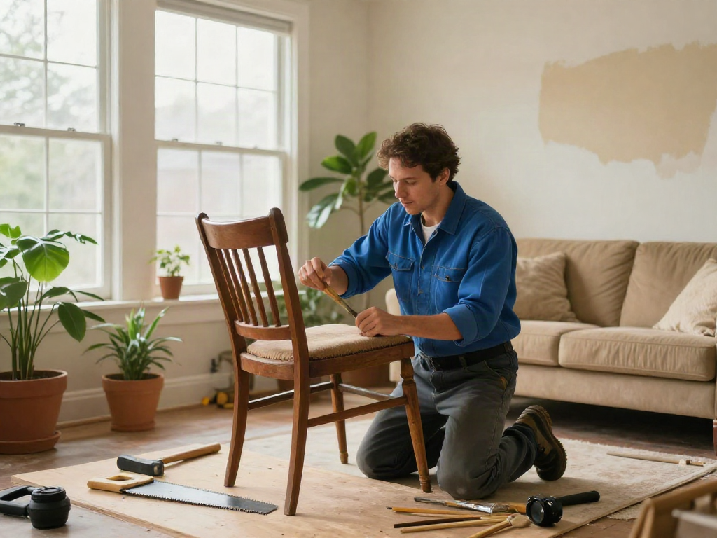 Home repair services Des Moines Iowa showcased in a cozy living room renovation scene, featuring a handyman at work.