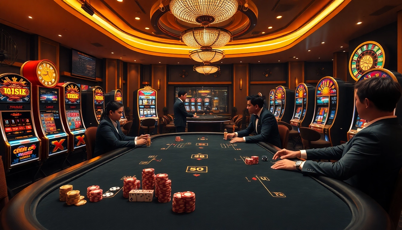 Players winning big at the poker table in Nhà cái V9bet's luxurious casino atmosphere.