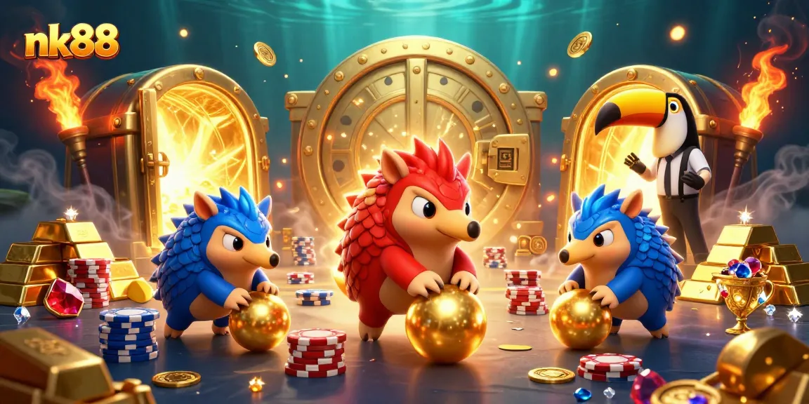 nk88 pangolins compete in a lively game, surrounded by wealth and excitement in a vibrant casino scene.