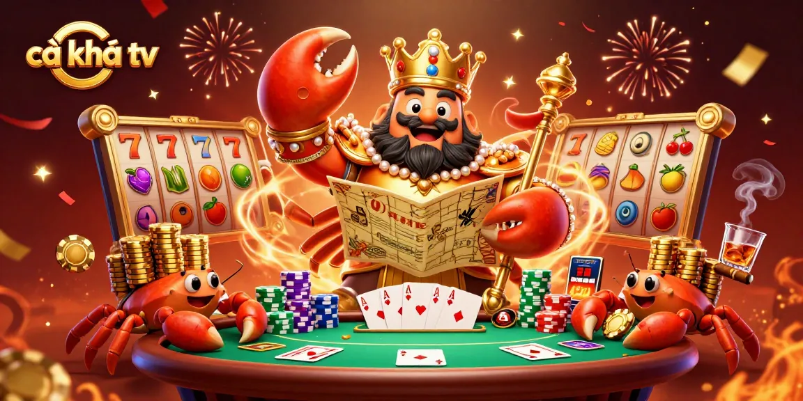 Cà khịa tv features a vibrant 3D crab emperor amidst dynamic casino action, showcasing poker and slot elements.