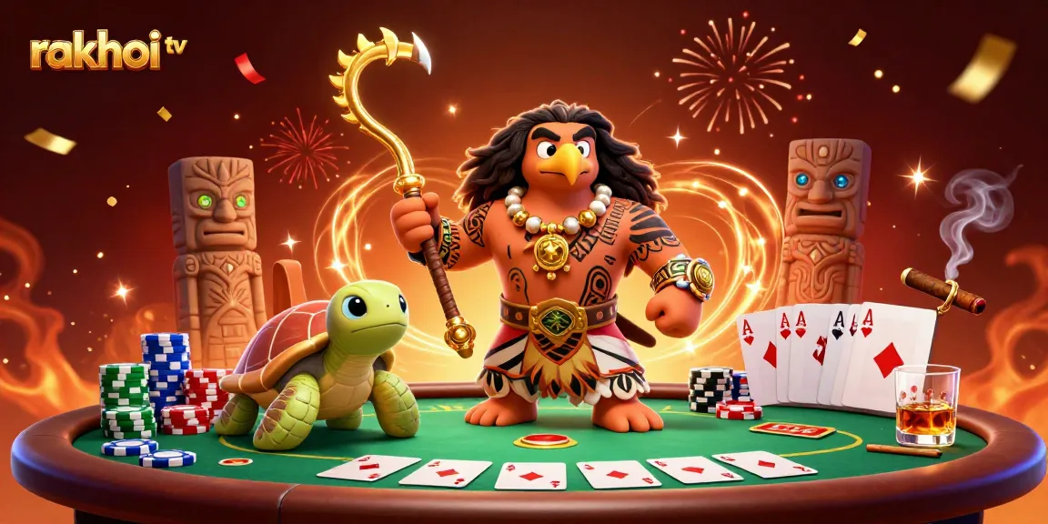 Experience thrill at Rakhoi TV with vibrant poker action and celebration elements.